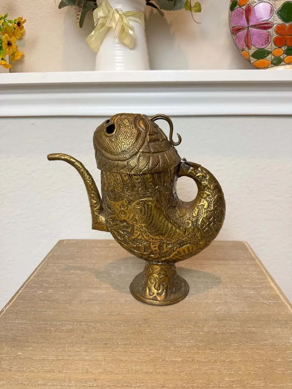 Vintage Hand-Carved Brass Fish Teapot Flagon with Pedestal Base